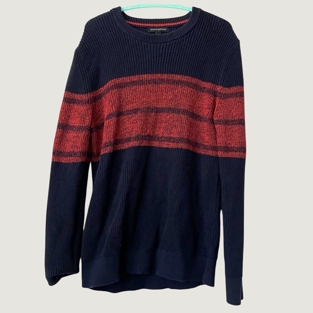 Banana Republic Knit Sweater Mens Navy/Red Long Sleeve Crew Neck Cotton Large